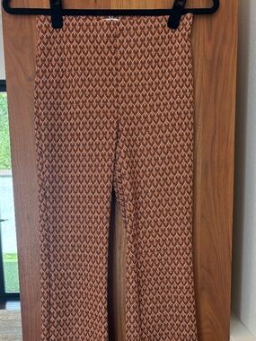 Mango MNG Brown Orange Geometric Print Flare Wide Leg Pants XS Retro 70s